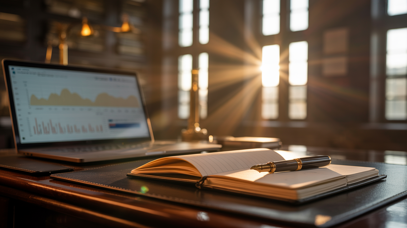 Executive desk at golden dawn — laptop, notebook, fountain pen, morning sunlight streaming through tall windows