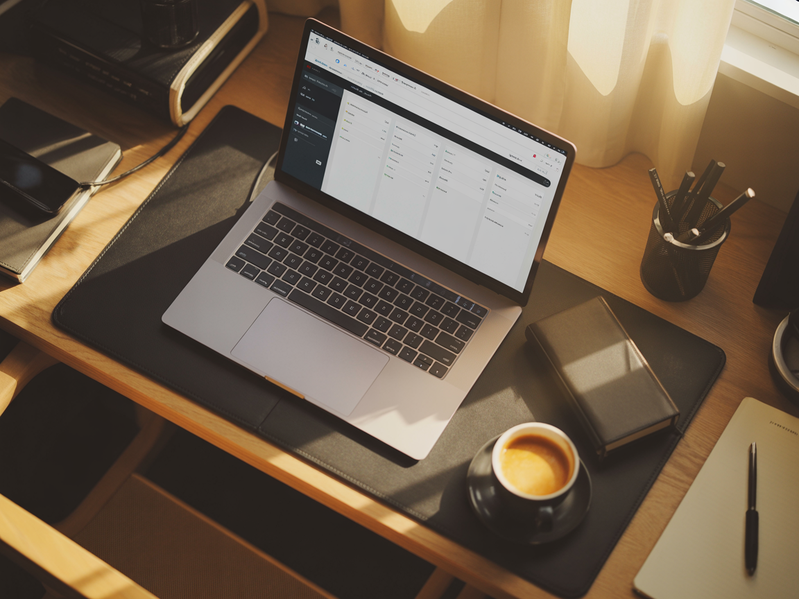 The same desk now tidy — a structured dashboard on the laptop, single notebook, fresh coffee, morning light