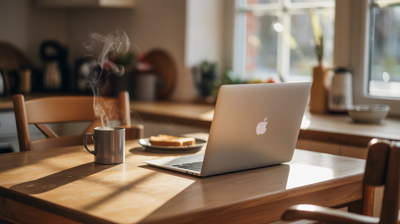Laptop on a kitchen table in early morning with coffee — the work-from-everywhere life